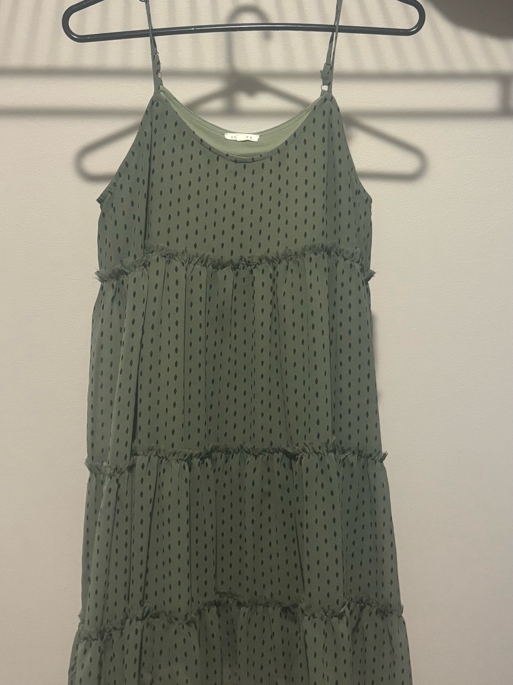 JODIFL Olive Green Polka Dot Tiered Spaghetti Strap Dress